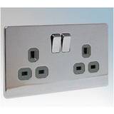 Electrical Installation Materials BG Flatplate Screwless 2 Gang 13A Switched Socket Chrome Grey Inserts