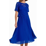 Roman Lace Top Overlay Pleated Midi Dress - Royal Blue