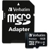 MicroSDHC Memory Cards Verbatim Premium microSDHC Class 10 UHS-I U1 V10 80MB/s 16GB +Adapter