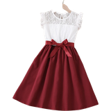 Party dresses - Red Shein Girl's Contrast Lace Panel Belted Dress - Red/White