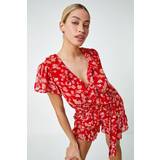 Dusk Fashion Floral Frill Wrap Playsuit in Red