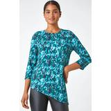 Roman Abstract Print Asymmetric Stretch Top in Turquoise