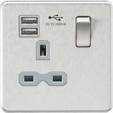 Electrical Outlets Knightsbridge MLA 13A 1 Gang Socket With Dual USB Charger 2.4A Brushed Chrome W/Grey Insert SFR9124BCG
