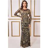 Goddiva Exclusive Sequin Mesh Embroidered Maxi Dress Gold