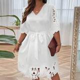 Knee Length Dresses - Loose Shein Plus Laser Cut Out Belted Dress