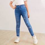 Leggings - Zipper Trousers Shein Tween Girl Denim-Effect Print Leggings - Blue
