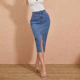 Blue - Midi Skirts Shein Split Hem Denim Skirt