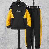 Yellow Other Sets Children's Clothing Shein Boy's Letter Graphic Colorblock Hoodie & Sweatpants