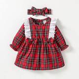 Red - Ruffled dresses Shein Newborn Baby Tartan Print Ruffle Trim Flounce Sleeve Bow Front Dress With Headband