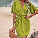 Shein Solid Batwing Sleeve Ruched Front Dress