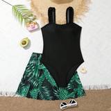 Shein Teen Girl Frill Trim One Piece Swimsuit With Tropical Print Beach Skirt
