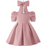 Party dresses - Short Sleeves Shein Toddler Girl's Puff Sleeve Fold Pleated Dress With Headband - Dusty Pink