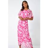 Roman Floral Frill Detail Chiffon Midi Dress in Pink