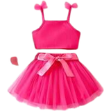 24-36M Other Sets Children's Clothing Shein Baby Ruffle Trim Shoulder Cami Top & Mesh Overlay Skirt Set - Pink