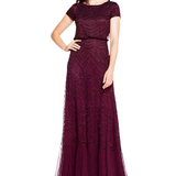 Evening Gowns Dresses Adrianna Papell Short Sleeve Beaded Blouson Gown - Cassis