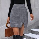 Normal Waist Skirts Shein Plaid Print Split Hem Skirt