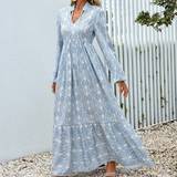 Long Dresses - Loose Shein Allover Print Lantern Sleeve Ruffle Hem Dress