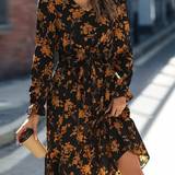Shein Floral Print Flare Sleeve Belted Dress