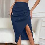 Blue - Midi Skirts Shein Solid Ruched Split Thigh Skirt
