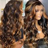 Brown Wigs Klaiyi Balayage Highlight Body Wave Lace Front Wig 16 inch Dark Root Brown
