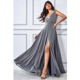 Long Dresses - Silver Goddiva Crossover Lurex Glitter Maxi Dress Silver
