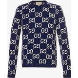Gucci Clothing Gucci Mens Blue Ivory Monogram-pattern Ribbed-trim Wool Jumper