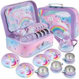 Jewelkeeper 15 Piece Kids Pretend Toy Tin Tea Set & Carrying Case Cotton Candy Unicorn Design Girls
