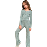 Green Other Sets Children's Clothing Shein Tween Girl Notched Neck Ruched Side Tee & Flare Leg Pants