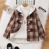 Coat Jackets Children's Clothing Shein Young Boy Plaid Print Fuzzy Lined Duffle Hooded Coat Without Sweater