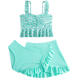 Polyamide Bikinis Shein Girls Ditsy Floral Print Ruffle Hem Bikini Swimsuit with Beach Skirt - Green