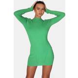 Clothing Knitted High Neck Long Sleeve Contrast Stitch Mini Dress Green