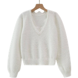 Polyester Knitted Sweaters Shein Tween Girl Solid Contrast Lace Trim Lantern Sleeve Sweater