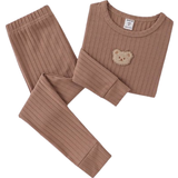 Viscose Tracksuits Shein Toddler Boy's Bear Patch Detail Ribbed Knit Snug Fit PJ Set -Khaki
