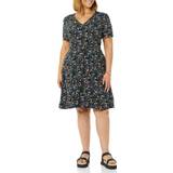 Amazon Essentials Women's Short Sleeve V-Neck Gathered Fit and Flare Dress, Black, Ditsy Floral