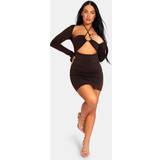 Slinky Ruch Bust Cut Out Long Sleeved Dress Chocolate