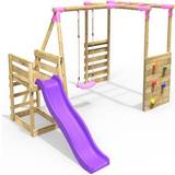 Toys Rebo Wooden Children's Swing Set With Monkey Bars Plus Deck & 6Ft Slide Single Swing Solar Pink