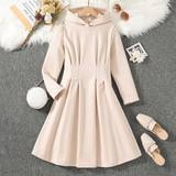 Spandex Dresses Shein Teenage Girl's Solid Color Hooded Dress - Apricot