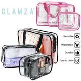 Women Cosmetic Bags Glamza Pink 3 Piece Clear PVC Travel Toiletry Cosmetic Bags