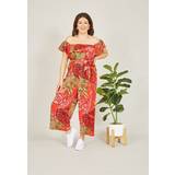 Red - Women Jumpsuits & Overalls Yumi Red Tropical Leaf Print Bardot Jumpsuit