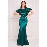 Goddiva Satin Flutter Sleeve Mermaid Maxi Emerald