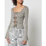 Silver - Women Cardigans Ganni Metallic Ribbed-Knit Silver