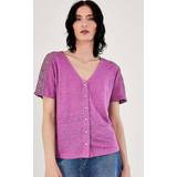 Linen - Women T-shirts Monsoon Plain Button Through Lace Sleeve Linen Top, Purple