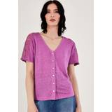 Linen T-shirts & Tank Tops Monsoon Plain Button Through Lace Sleeve Linen Top, Purple