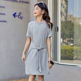 Spandex Dresses Shein Girls' Knitted Solid Color Round Neckline Dress With Knot Detailing