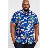 Clothing D555 Durham Flamingo Hawaiian Print Button Down Collar Shirt, Blue, 3Xl, Men Blue