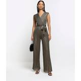 Brown Jumpsuits & Overalls River Island Womens Brown Plisse Wide Leg Wrap Jumpsuit Brown