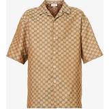 Gucci Tops Gucci Short-sleeved Gg-jacquard Linen-blend Shirt Mens Camel