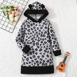 M Dresses Shein Girls' Big Leopard Print Plush Hooded Dress With Cat Ear Detail