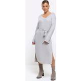 Polyamide Dresses River Island Womens Petite Grey Knitted Belted Jumper Midi Dress Grey