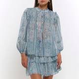 Women Blouses River Island Womens Blue Abstract Shirred Blouse Blue
